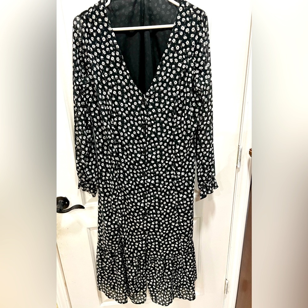 Black dress with white flowers—$25+$8 shipping